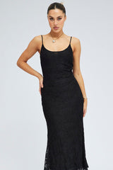 Black Maxi Dress Sleeveless Scoop Neck Flare Hem Lace