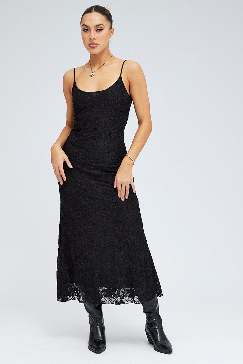 Black Maxi Dress Sleeveless Scoop Neck Flare Hem Lace