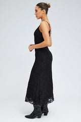 Black Maxi Dress Sleeveless Scoop Neck Flare Hem Lace