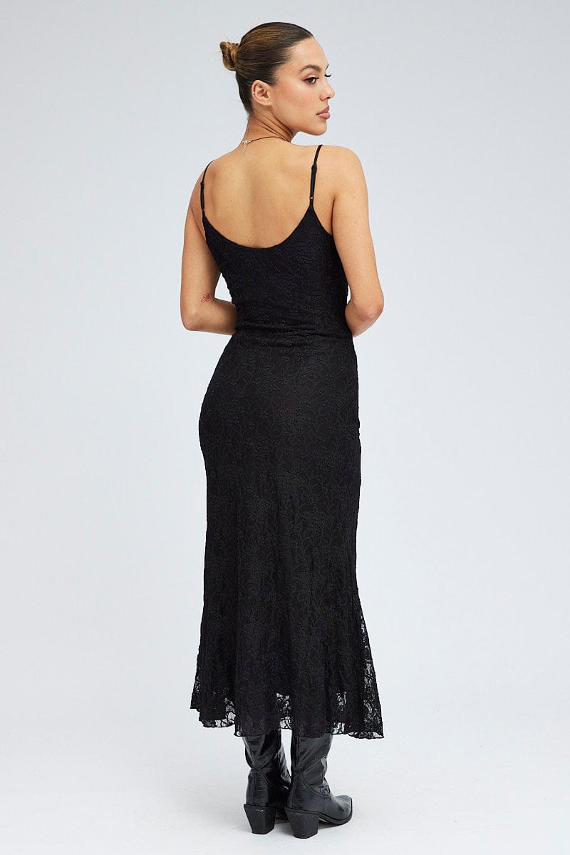 Black Maxi Dress Sleeveless Scoop Neck Flare Hem Lace