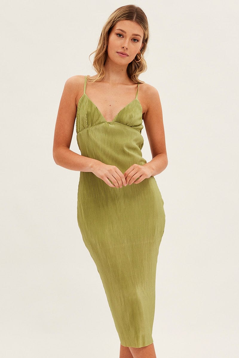 Green Slip Dress Midi Plisse Satin