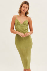 Green Slip Dress Midi Plisse Satin