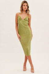 Green Slip Dress Midi Plisse Satin