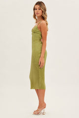 Green Slip Dress Midi Plisse Satin