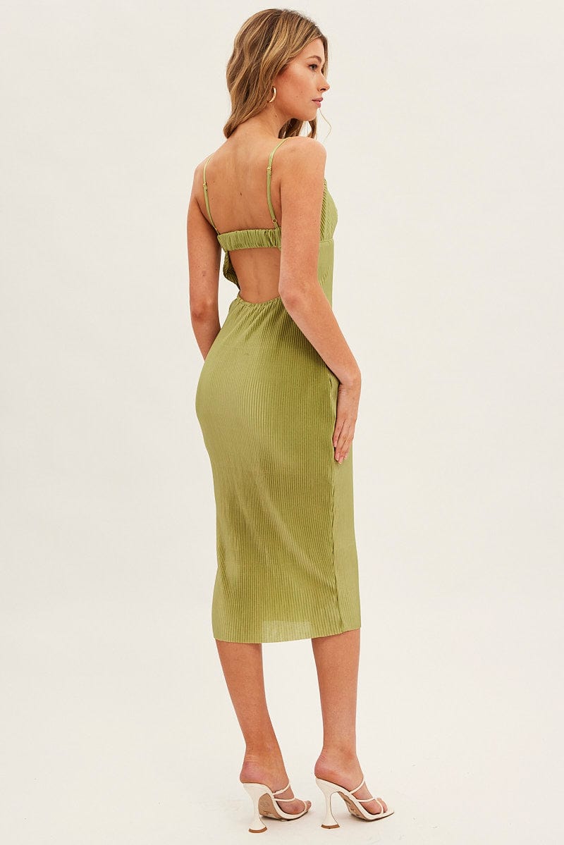 Green Slip Dress Midi Plisse Satin