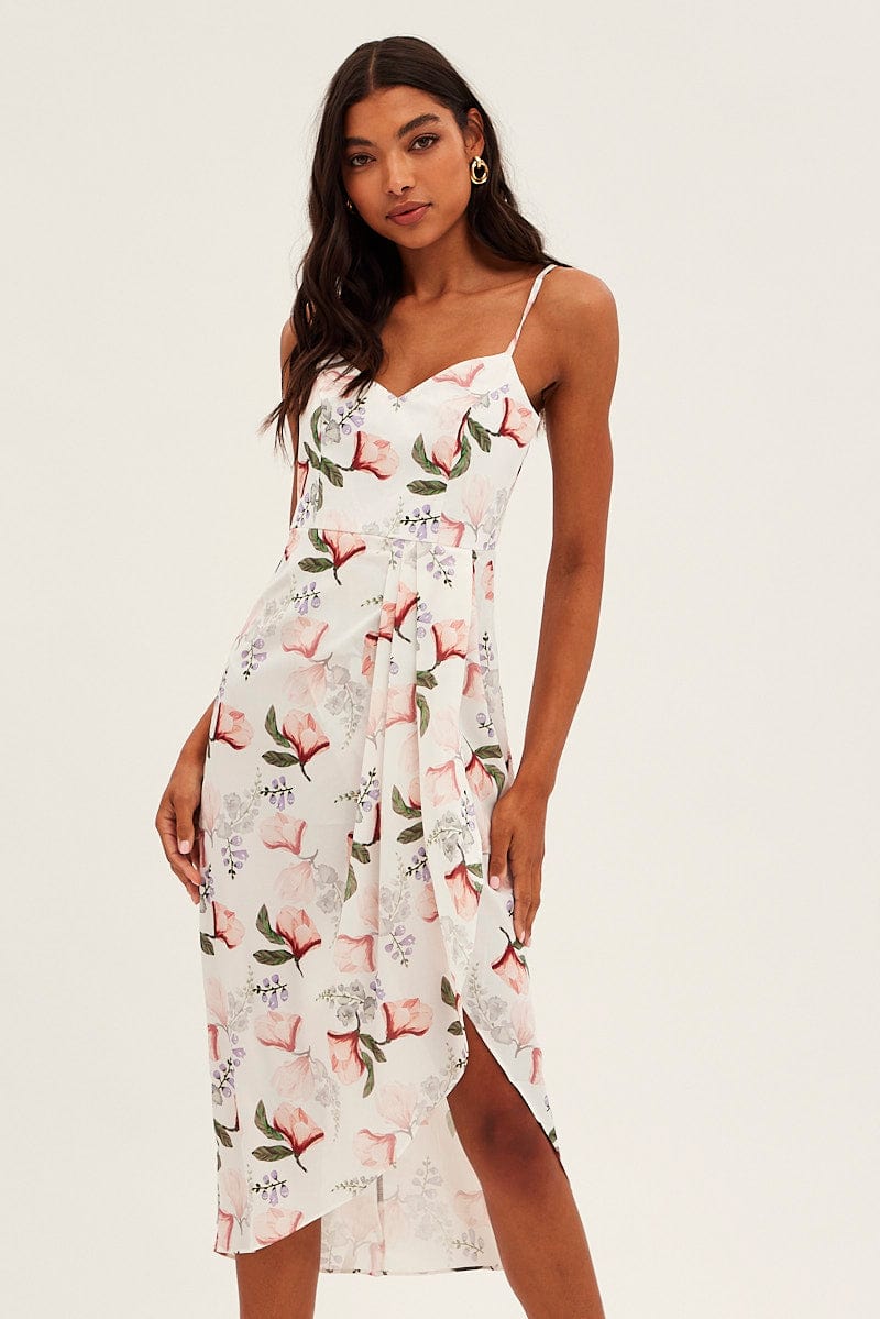 Print Midi Dress Sleeveless V Neck Wrap Floral Print