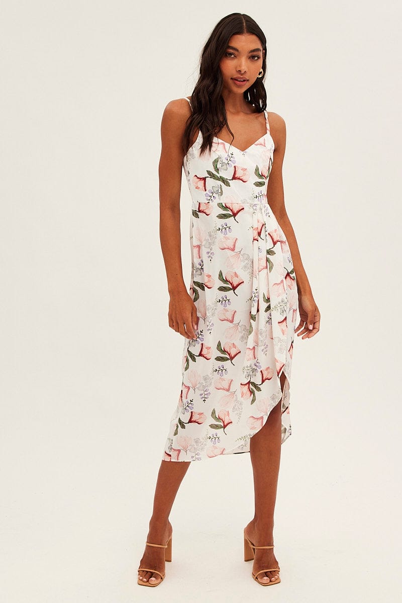 Print Midi Dress Sleeveless V Neck Wrap Floral Print