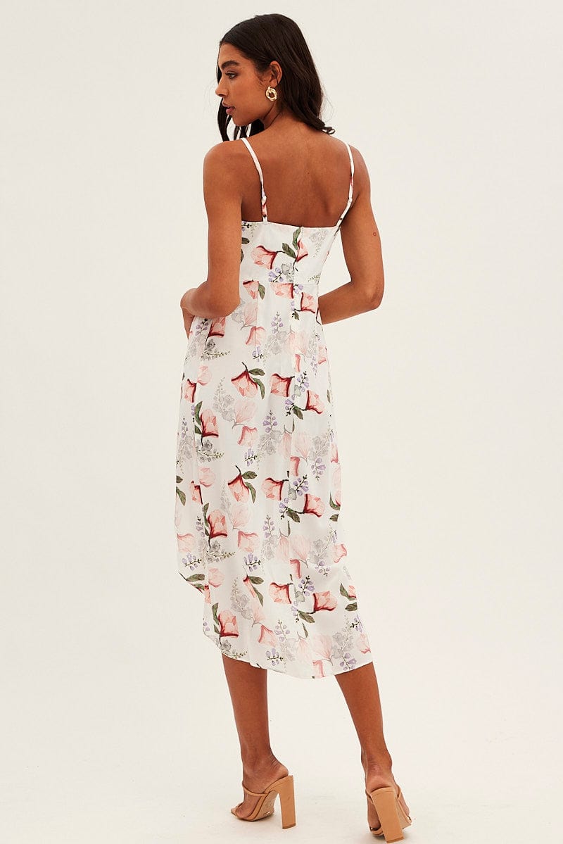 Print Midi Dress Sleeveless V Neck Wrap Floral Print