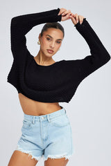 Black Knit Top Long Sleeve Crew Neck