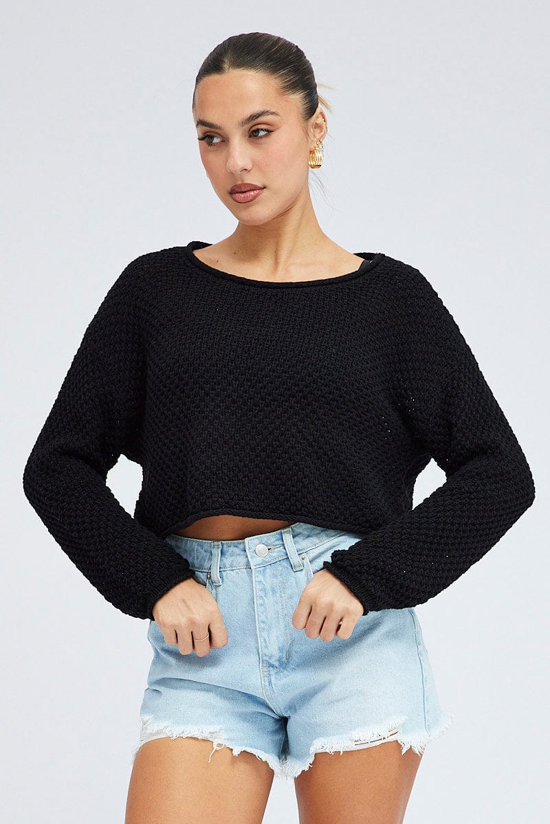 Black Knit Top Long Sleeve Crew Neck