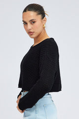 Black Knit Top Long Sleeve Crew Neck