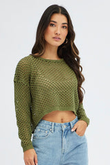 Green Knit Jumper Long Sleeve Fishnet