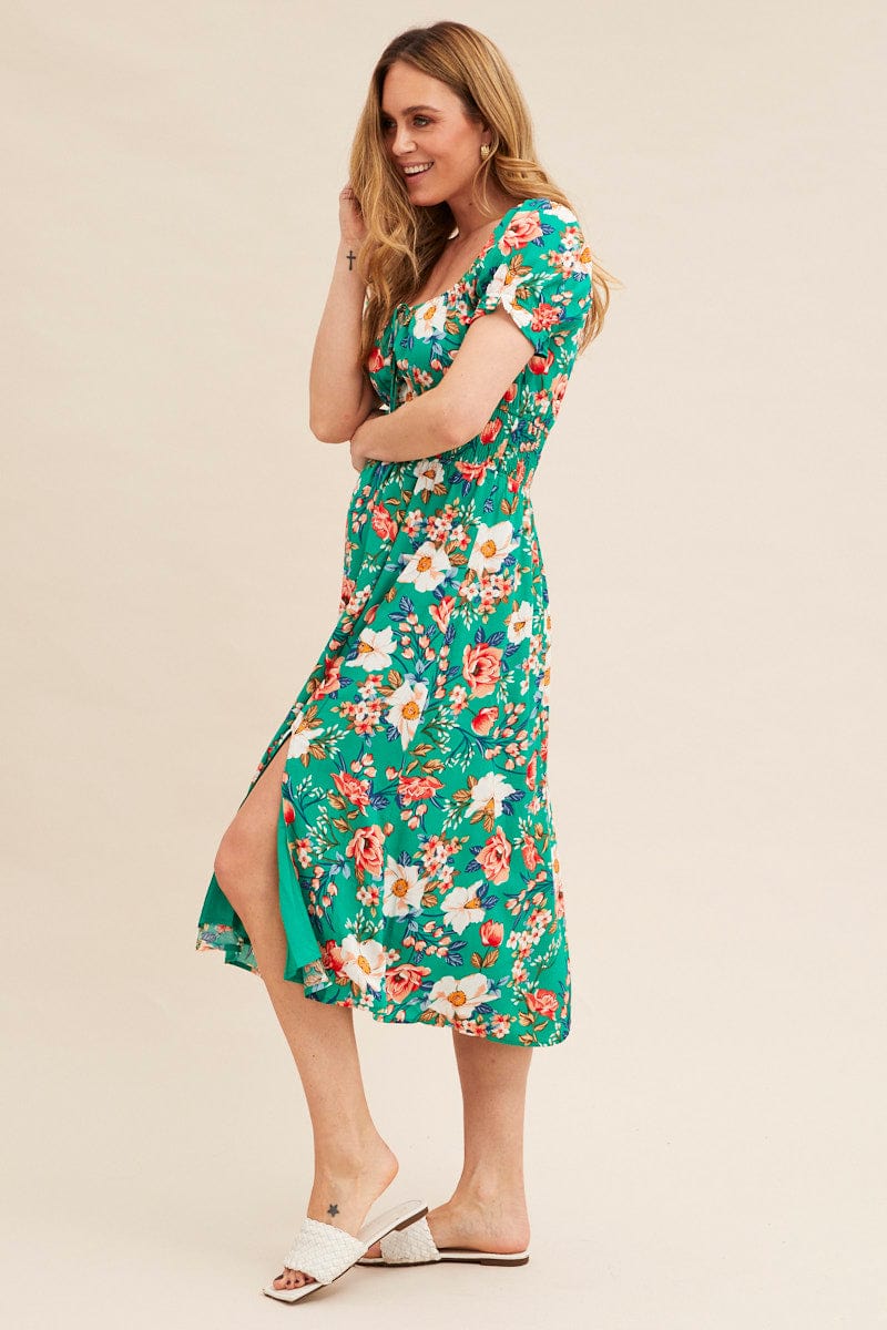 Green Floral Short Puff Sleeve Midi Slit Dress