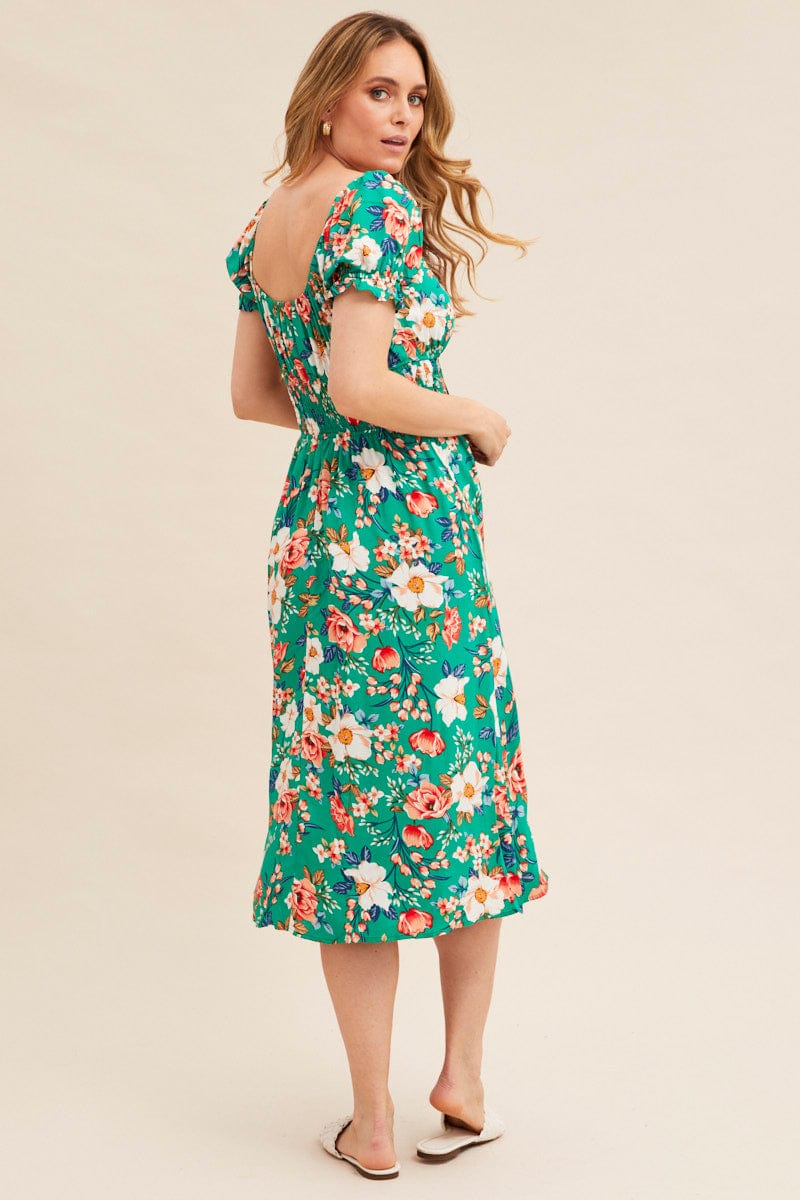 Green Floral Short Puff Sleeve Midi Slit Dress