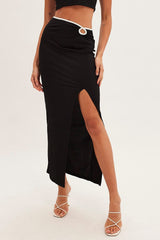 Black Bodycon Skirt Midi Ribbed Contrast Bind