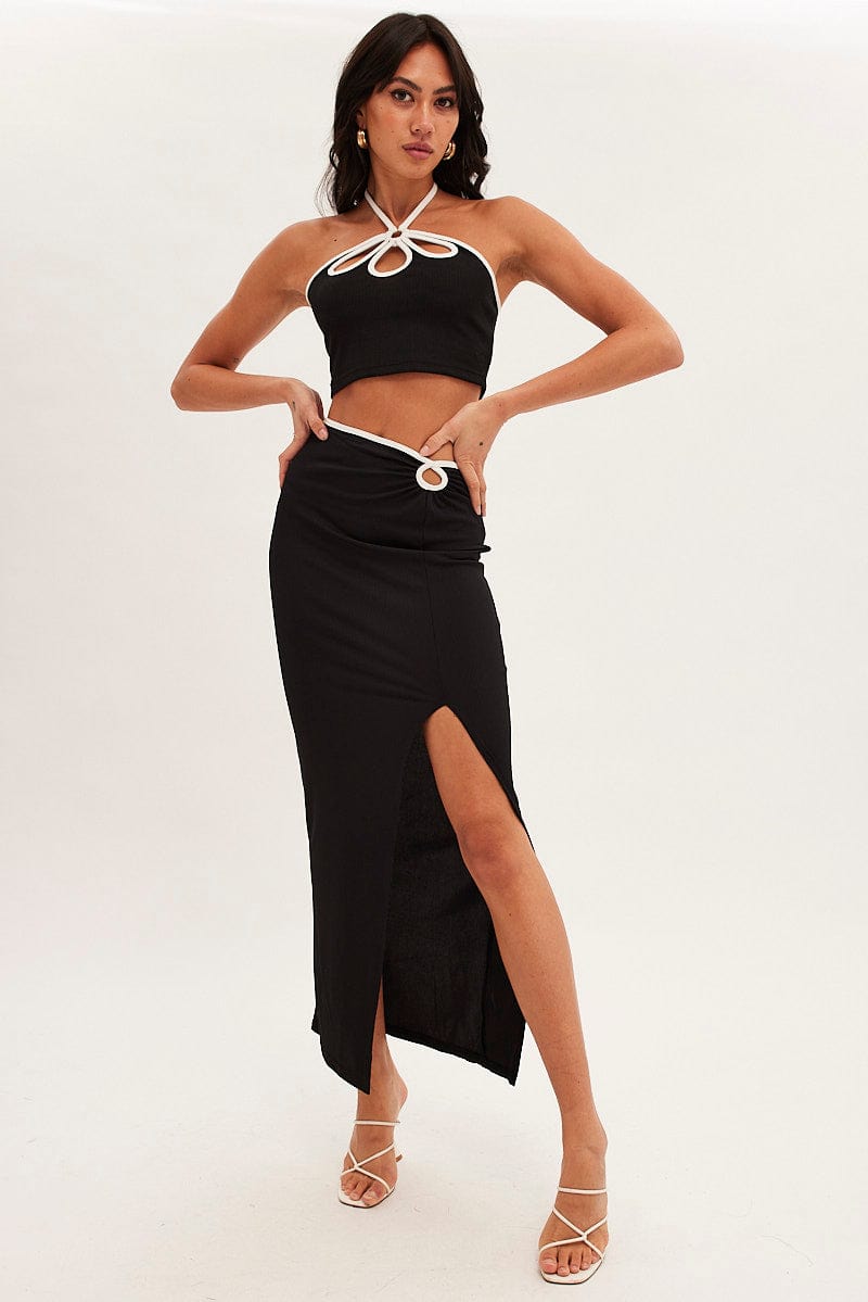 Black Bodycon Skirt Midi Ribbed Contrast Bind