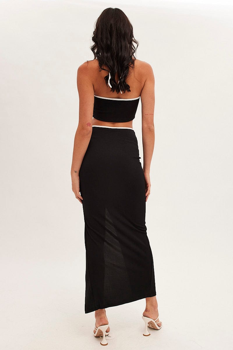 Black Bodycon Skirt Midi Ribbed Contrast Bind