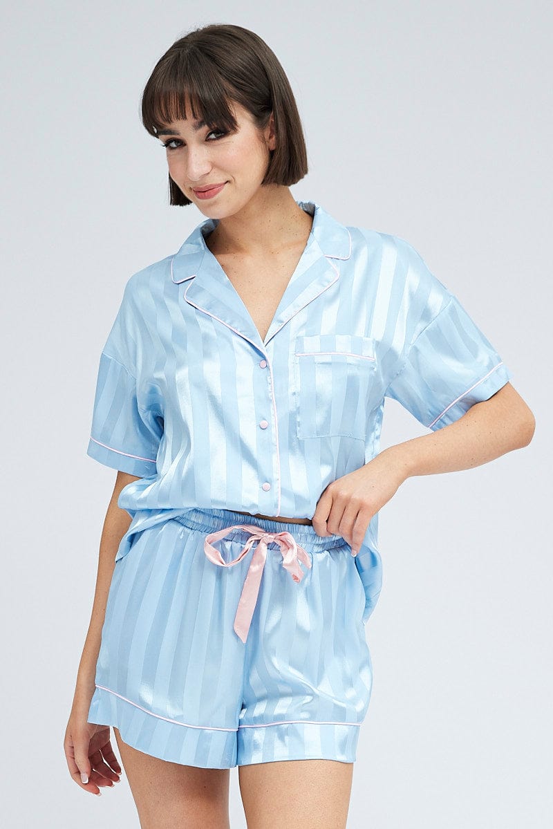 Blue Stripe Satin Pj Jacquard Stripe Piping Pyjama Set