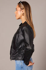 Black Jacket Long Sleeve Zip Faux Leather