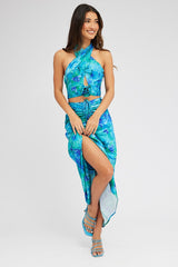 Blue Floral Maxi Skirt Satin Low Rise Draw String