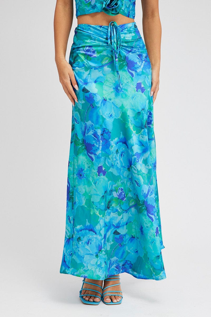 Blue Floral Maxi Skirt Satin Low Rise Draw String