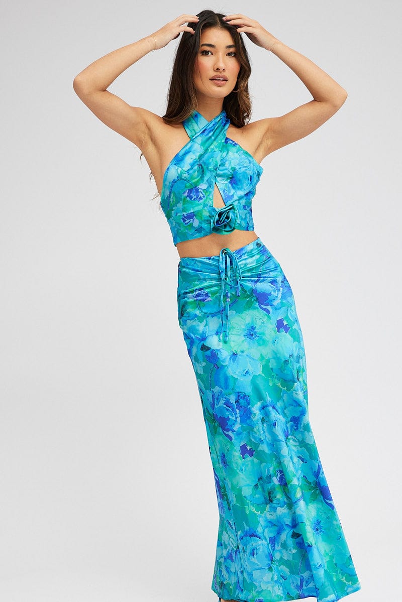 Blue Floral Maxi Skirt Satin Low Rise Draw String