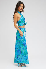 Blue Floral Maxi Skirt Satin Low Rise Draw String