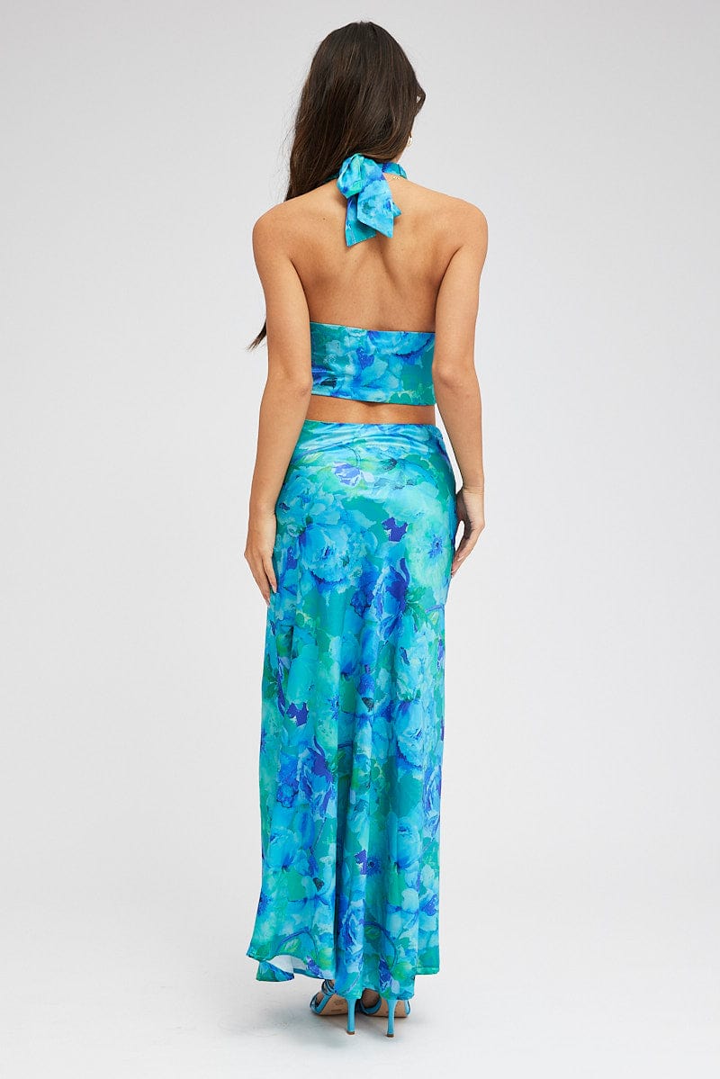 Blue Floral Maxi Skirt Satin Low Rise Draw String