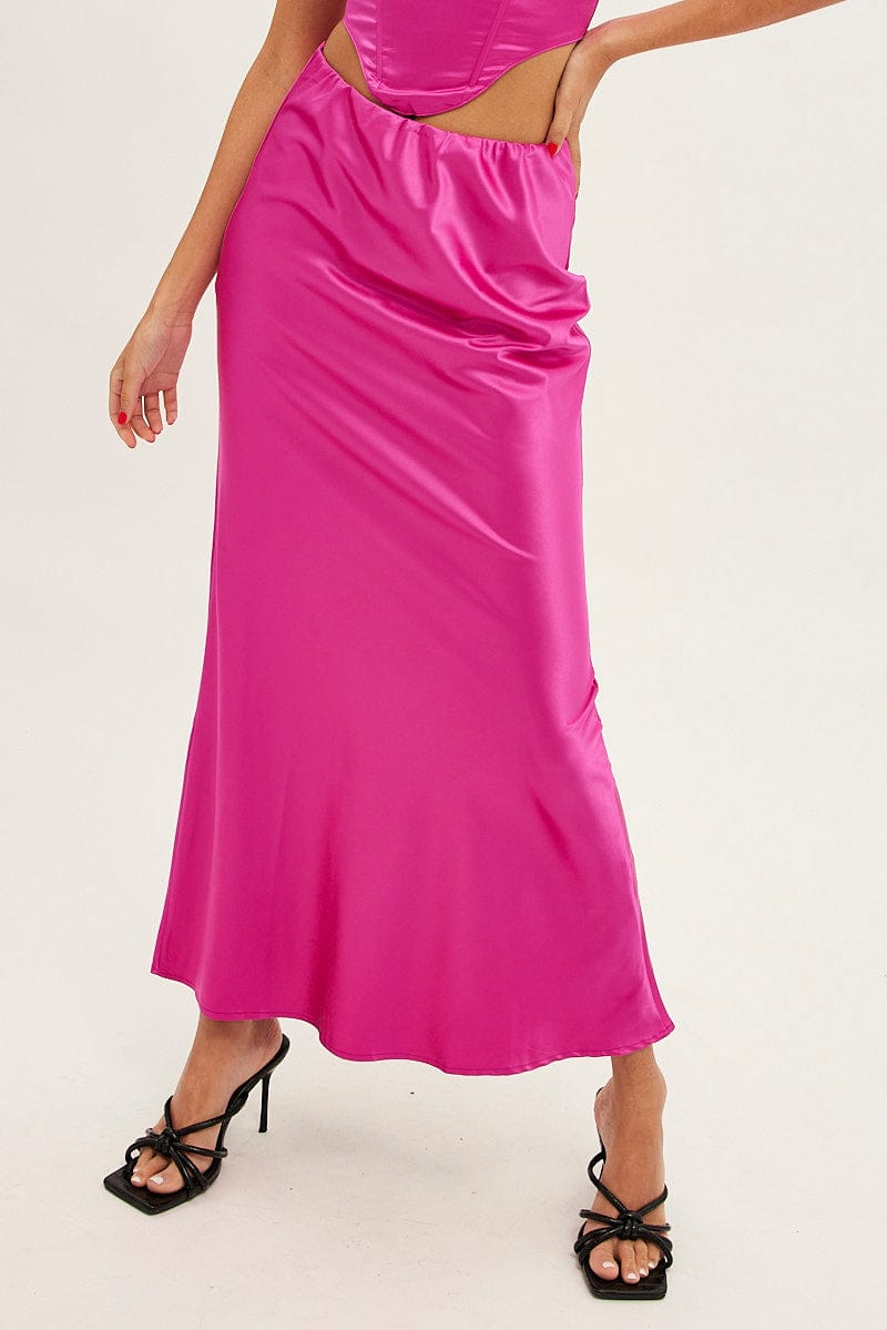 Pink Maxi Skirt Low Rise Elastic Waist Satin