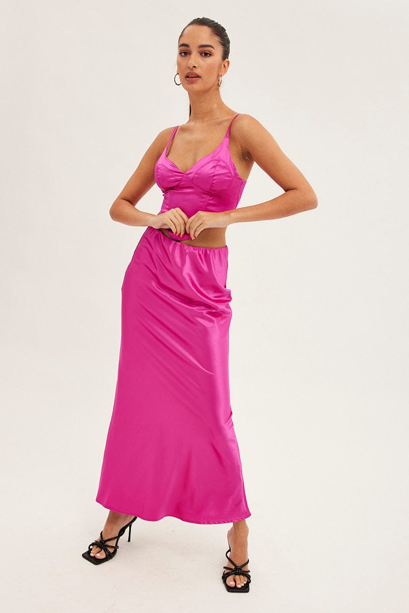 Pink Maxi Skirt Low Rise Elastic Waist Satin