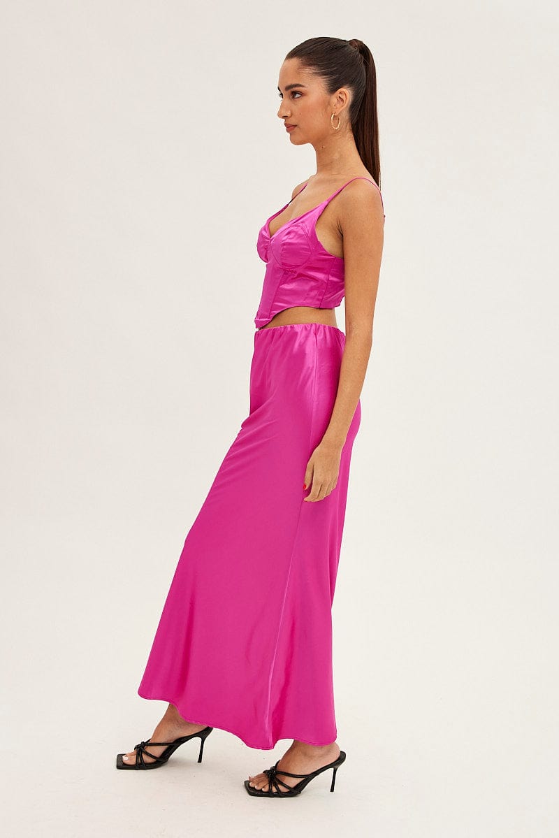 Pink Maxi Skirt Low Rise Elastic Waist Satin