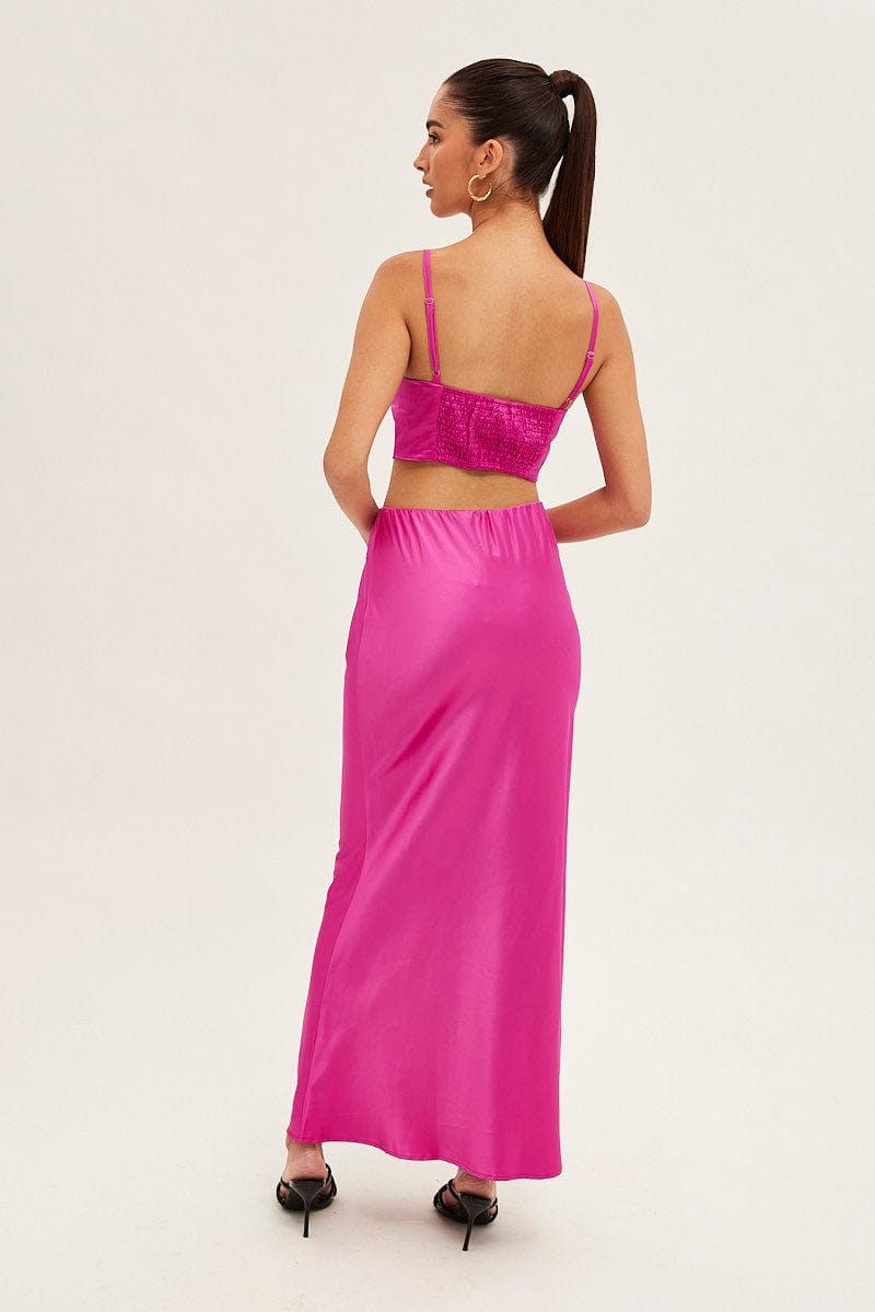 Pink Maxi Skirt Low Rise Elastic Waist Satin