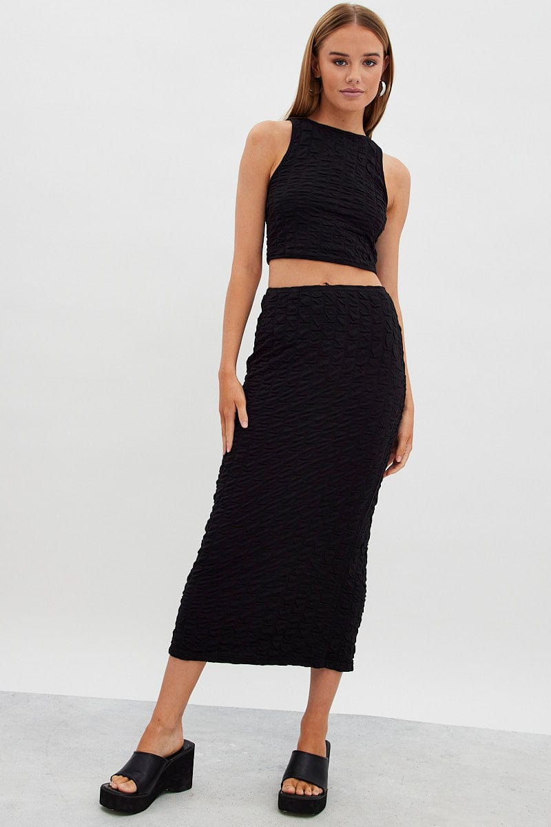 Black Maxi Skirt High Rise Bodycon Textured Jersey