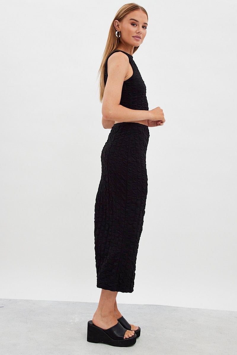 Black Maxi Skirt High Rise Bodycon Textured Jersey