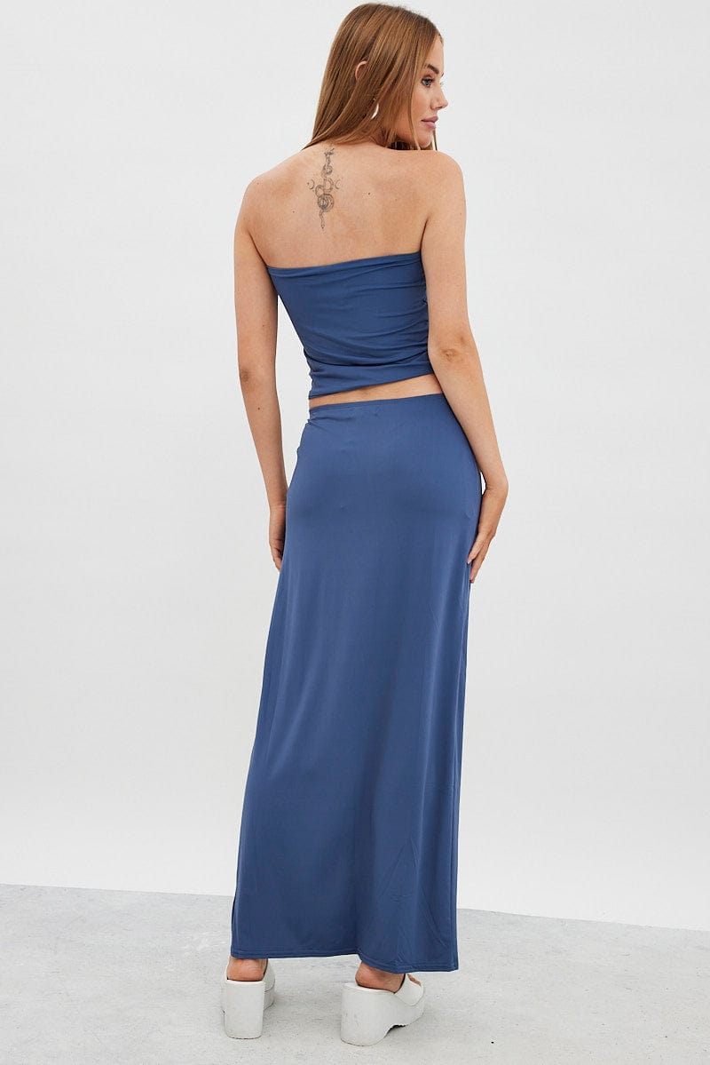 Blue Maxi Skirt Mid Rise Split Nylon