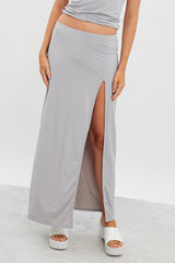 Grey Maxi Skirt Mid Rise Split Nylon