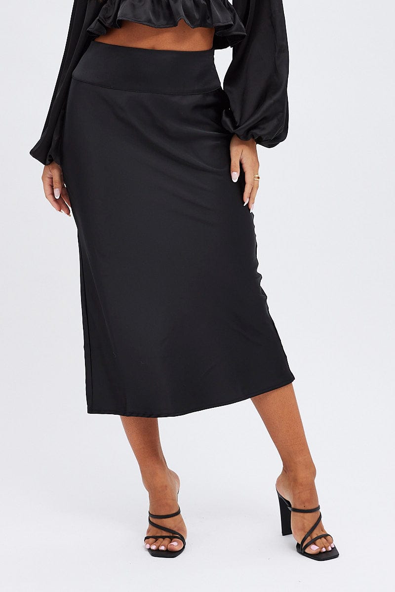 Black Midi Skirt High Waisted Satin Bias Cut