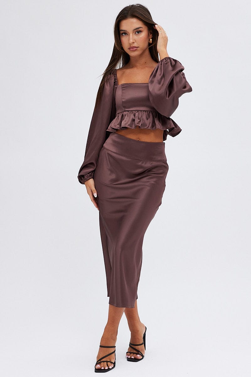 Brown Midi Skirt High Waisted Satin Bias Cut