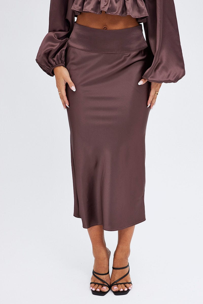 Brown Midi Skirt High Waisted Satin Bias Cut