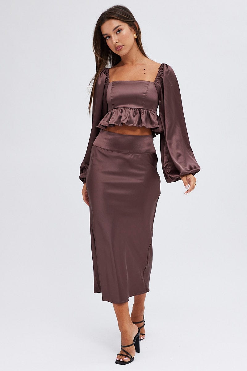 Brown Midi Skirt High Waisted Satin Bias Cut