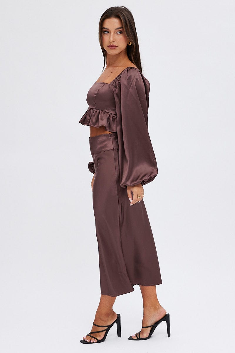 Brown Midi Skirt High Waisted Satin Bias Cut