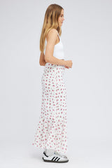 White Floral Maxi Skirt High Waist Fit & Flare Elastic Waist