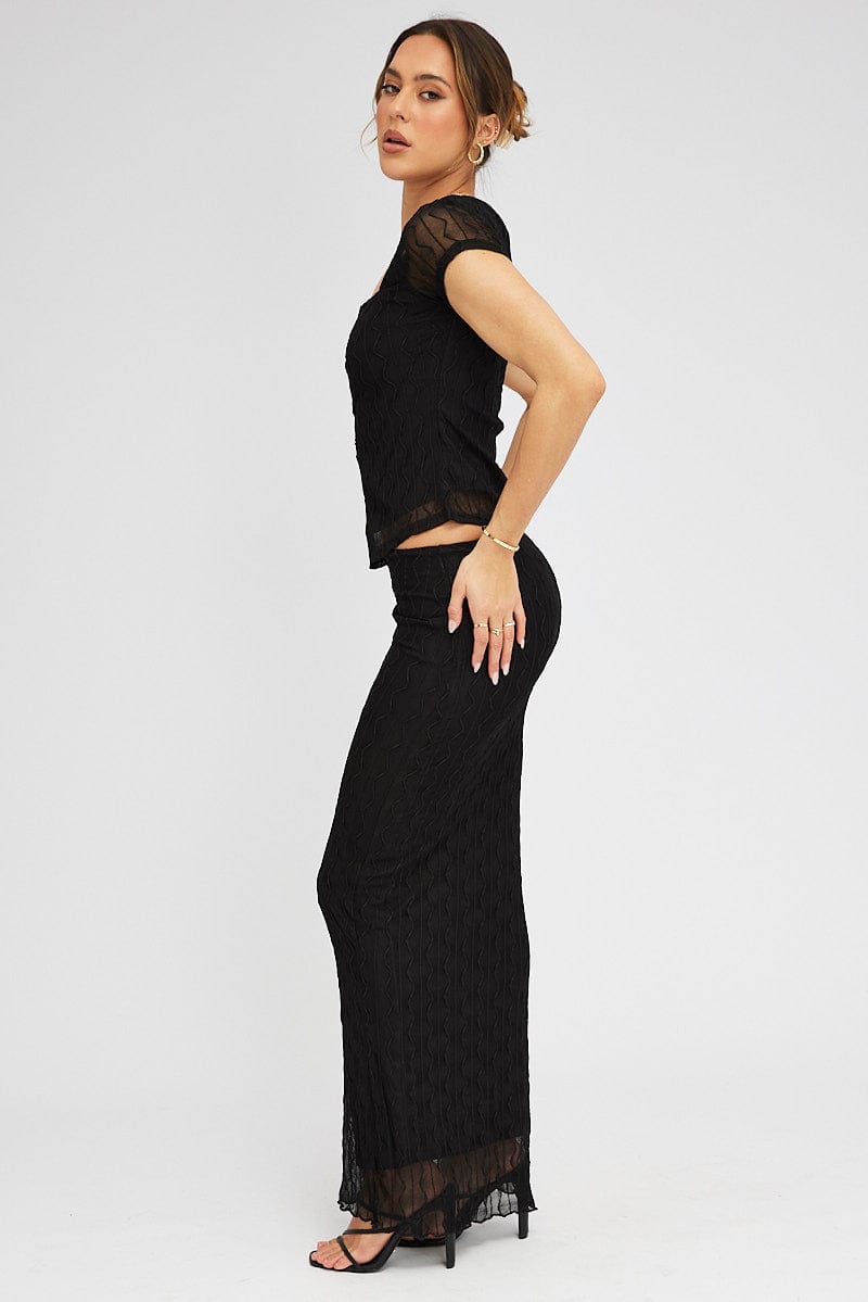 Black Maxi Skirt High Rise Bodycon Elastic Waist Lace