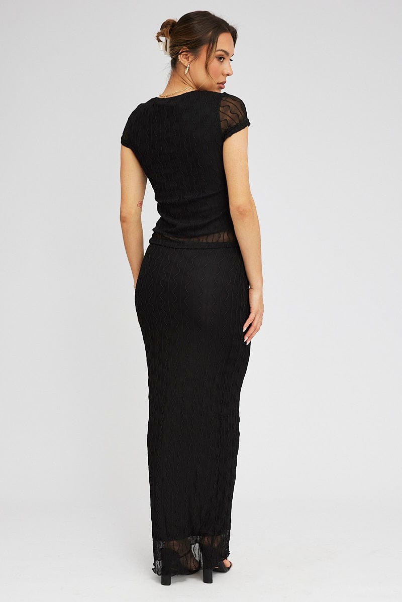 Black Maxi Skirt High Rise Bodycon Elastic Waist Lace