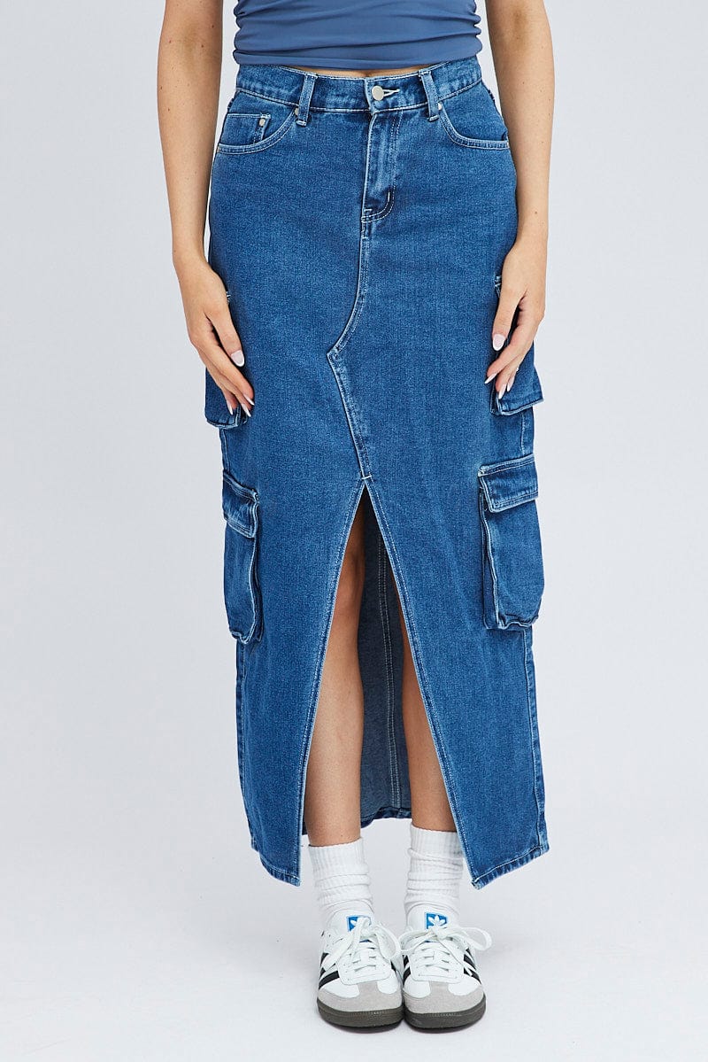 Denim Cargo Skirt Mid Rise Maxi Utility Pocket Details