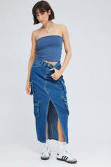 Denim Cargo Skirt Mid Rise Maxi Utility Pocket Details