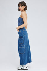 Denim Cargo Skirt Mid Rise Maxi Utility Pocket Details