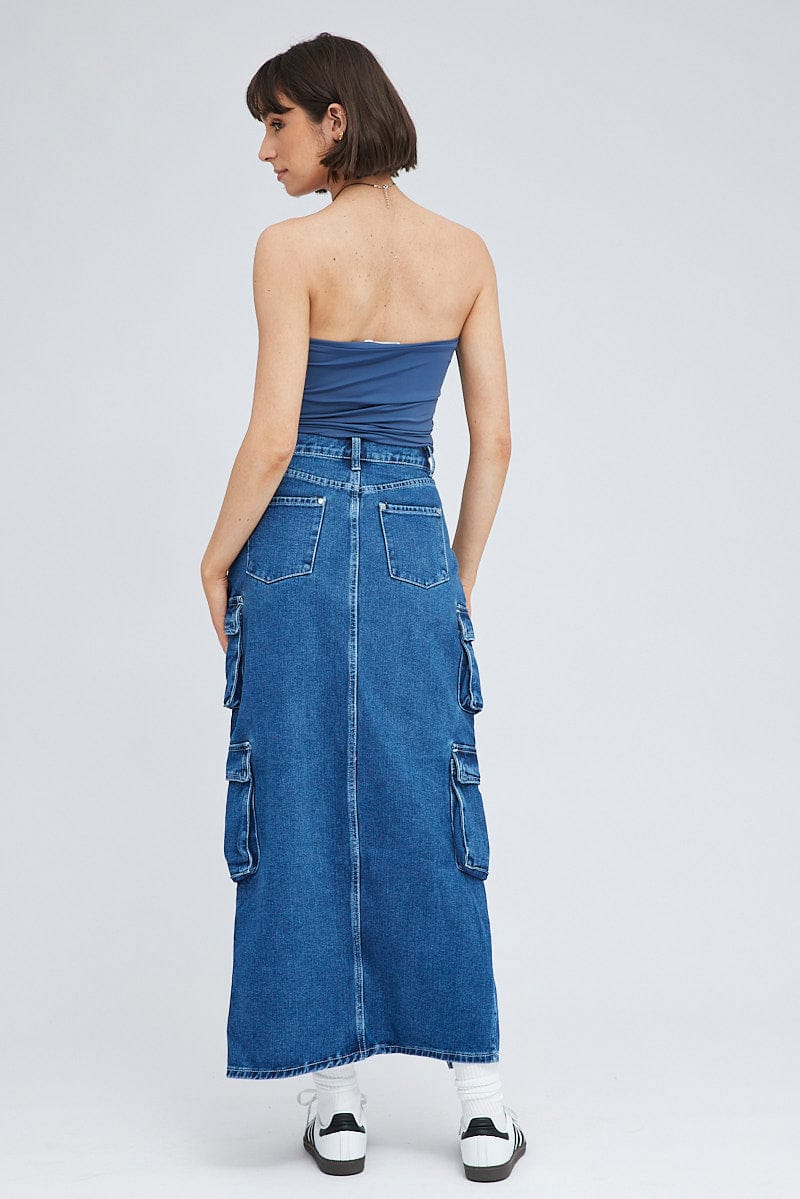 Denim Cargo Skirt Mid Rise Maxi Utility Pocket Details