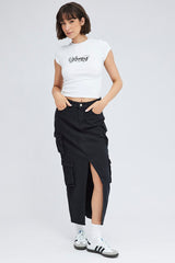 Black Cargo Skirt Mid Rise Maxi Utility Pocket Details