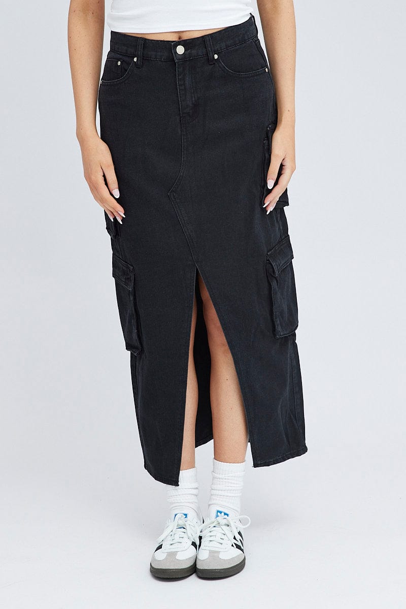 Black Cargo Skirt Mid Rise Maxi Utility Pocket Details